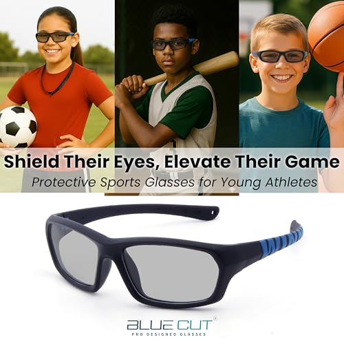 BLUE CUT Kids Sports Protection Goggles – Photochromic Safety Glasses for Children, Basketball, Baseball & Outdoor Sports - color: Black/Blue Photochromic-kids Size