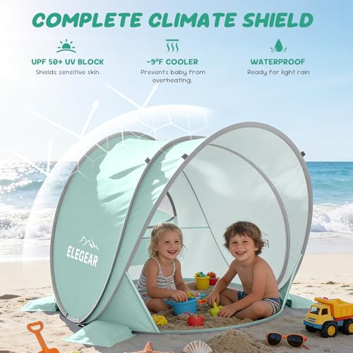 Elegear Pop Up Baby Beach Tent with Mini Canopy, CumbreX™ UPF 50+ UV Protection Baby Tent Sun Shelter, 1S Setup Portable Baby Beach Essentials Shade for Infant Toddler Outdoor Indoor Play - Green - color: Green
