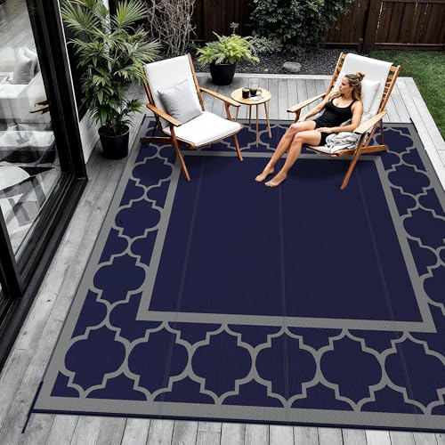 GENIMO 10 'x10 ' Outdoor Rug for Patio Clearance, Waterproof Indoor Outdoor Plastic Straw Rugs Carpet, Reversible Outside Area Rv Mat for Camping, Balcony Porch, Deck, Picnic, Beach (Blue & Grey) - color: Blue & Grey, size: 10' x 10' (Square)