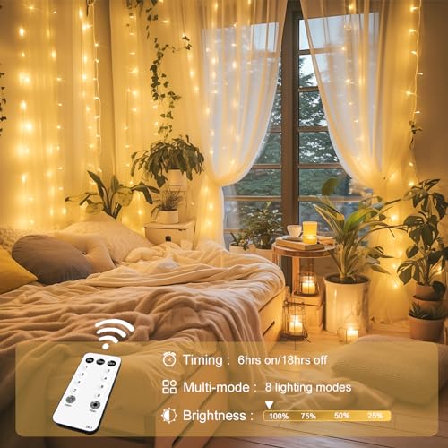 JMEXSUSS 300 LED Remote Control Curtain Lights, Plug in Fairy Curtain Lights Outdoor, Window Wall Hanging String Lights for Bedroom Indoor Dorm Backdrop Wedding Party Patio Christmas Decor, Warm White - color: *Warm White, size: 300 LED