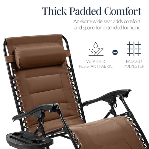 Best Choice Products Oversized Padded Zero Gravity Chair, Folding Outdoor Patio Recliner, XL Anti Gravity Lounger for Backyard w/Headrest, Cup Holder, Side Tray, Polyester Mesh - Dark Brown - color: Dark Brown