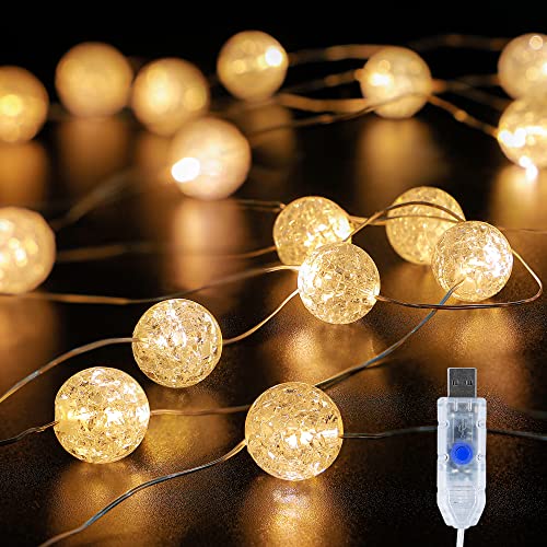 Globe String Lights,10FT 30 LED Decorative Christmas Lights,8 Modes Crystal Crackle Ball Lights,USB Twinkle Fairy Lights for Bedroom,Indoor,Outdoor,Classroom,Wedding,Party,Garden,Warm White - color: Warm White, size: 30LED