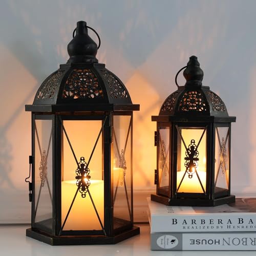 Large Lantern Decorative Outdoor & Indoor, Set of 2 (15’’&10’’) Metal Candle Lanterns Decor, Vintage Hanging Candle Holder for Front Porch Patio Wedding Farmhouse Home, Spring Decoration - color: Black / 14.9''h+10.4''h