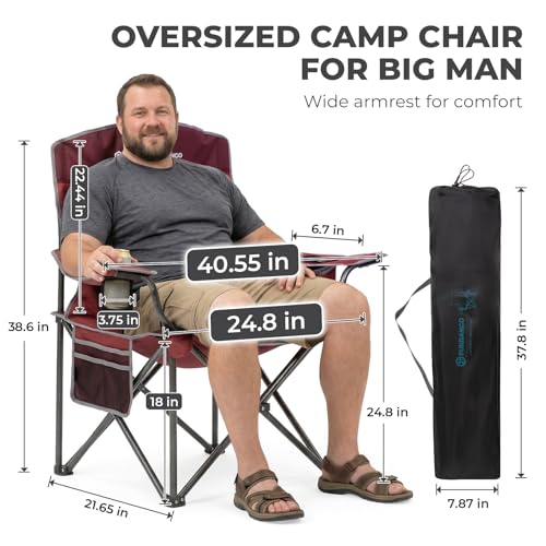 FUNDANGO Oversized Camping Chairs for Adults, Heavy Duty Fold Up Sports Games Lawn Chairs, Extra Wide Big Man Outdoor Chairs with Padded Lumbar Support Backrest, Bag Included for Camp, Beach, 2 Pack - color: Red/Grey With Lumber Support 2 Pack