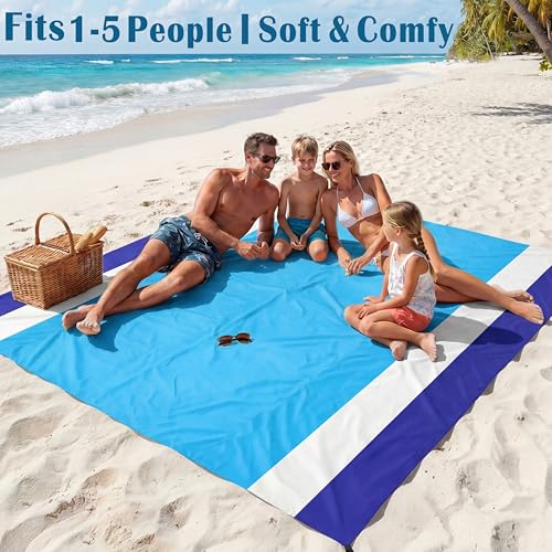 Famstar Beach Blanket Oversized Extra Large 78" X 81",Waterproof Sandproof Beach Blanket 1-7 Adults Lightweight Durable for Travel Camping Hiking Picnic - color: Blue White, size: 78" X 81"