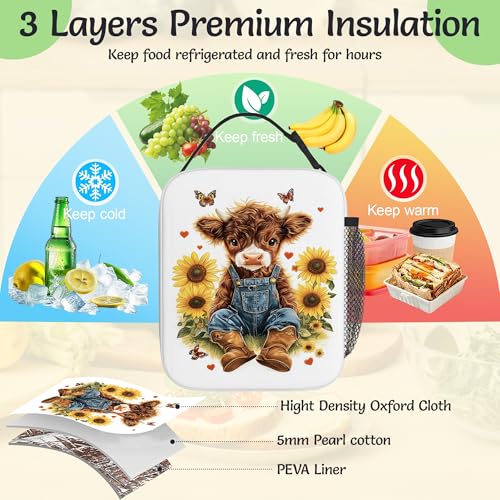Insulated Lunch Bag,Cute Highland Cow Durable Lightweight Lunch Box for Kids,Rustic Sunflower Portable Thermal Picnic Cool Bags Girls Boys School Daycare,Work,Camping - color: Cute Highland Cow