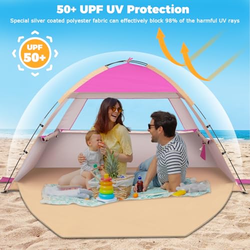 Venustas Beach Tent Sun Shelter for 3/4/6/8 Person, UPF 50+ UV Protection Beach Canopy, Lightweight and Easy Setup Cabana, Portable Shade Tent - color: Pink, size: 3 Person