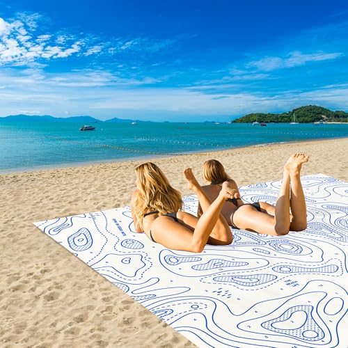 110''×118'' Oversized Beach Blanket for 4-8 Adults, White Waterproof Sandproof Picnic Blanket, Lightweight Foldable Sand Free Outdoor Mat w/ 4 Stakes & Portable Carry Bag for Travel, Camping, Hiking - color: White Coastline, size: 9x10 FT (1～8 person)
