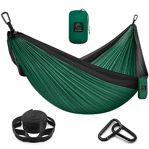 Grassman Camping Hammock Double & Single Portable Hammock with Tree Straps, Lightweight Nylon Parachute Hammocks Camping Accessories Gear for Indoor Outdoor Backpacking, Travel, Hiking, Beach - color: Dark Green & Black, size: Two Person