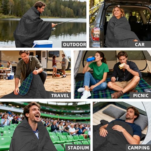 Large Outdoor Waterproof Blanket Extra Thick Fleece Stadium Blanket for Camping, Car, Pet, Picnics - Windproof, Wearable, Machine Washable 80" x 58" (Green Check) - color: Green Check