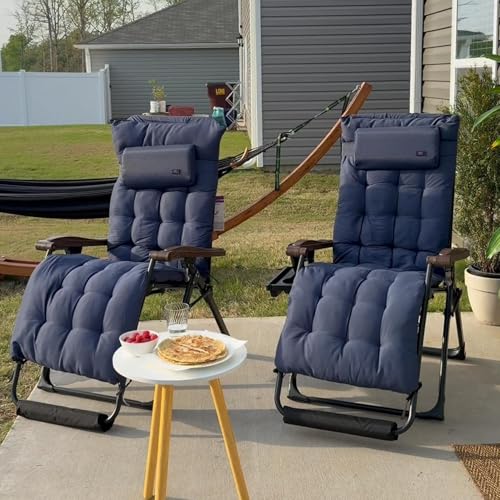 PURPLE LEAF Extra Wide Outdoor Reclining Chair Patio Zero Gravity Chaise Lounge Folding Chair with Removable Cushion Adjustable Headrest for Lawn Camping Beach Pool Navy Blue - color: Navy Blue - 1 Chair, size: Extra Wide – Thick Cushion
