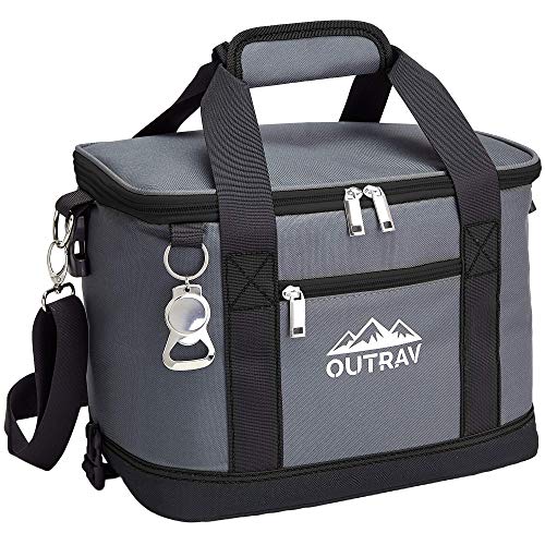 Collapsible Insulated Cooler Bag – 6L Thermal Lunch Bag with Bottle Opener, 16 Can Capacity – Perfect For Camping, Picnics and Travel - Handles and Removable Shoulder Strap - By Outrav - color: Grey with Black Trim