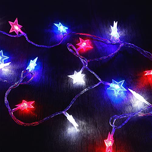 Twinkle Star 4th of July Decoration Lights, 100 LED 49FT Red White Blue Star String Lights, Plug in Fairy String Lights Waterproof, Extendable for Indoor, Outdoor, Independence Day Decor - color: *Red & Blue & White, size: Star lights - 49 ft