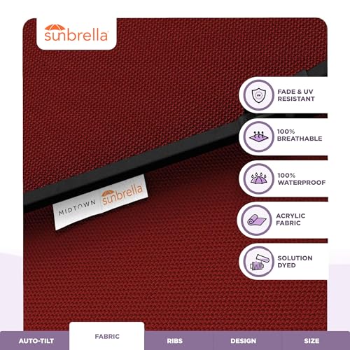 Midtown Umbrellas - The Lean 10 Ft Patio Umbrella with Fade-Resistant Sunbrella Fabric, Auto-Tilt Aluminum Frame and 8 Reinforced Ribs for Deck, Pool & Garden - Red Canopy, Black Pole - color: Sunbrella Red, size: 10 Feet