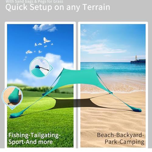 7×7 FT Beach Tent Sun Shelter UPF50+ UV Protection, Outdoor Canopy Tent Sun Shade with 2 Poles for Camping, Beach, Fishing, Backyard and Picnics Turquoise - color: Turquoise