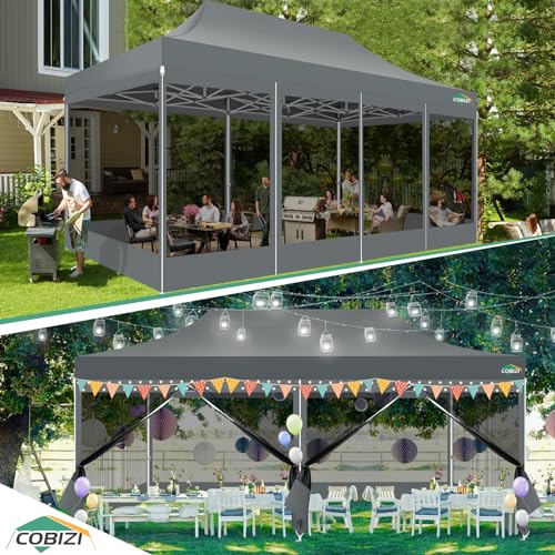 COBIZI 10x20 Canopy Tent with 6 Sidewalls,Heavy Duty Pop up Canopy with Mosquito Netting,Easy up Screen Tent for Parties Wedding Outdoor Patio with Roller Bag,Gray - color: Gray, size: 10x20ft(standard)
