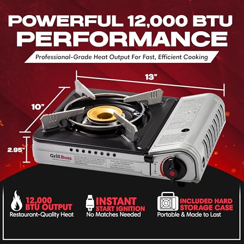 Grill Boss Dual Fuel Camp Stove w/ 4x 8oz Butane Canisters - 12,000 BTU Butane & Propane Portable Stove for Camping, Emergencies, BBQ, Hiking & Backpacking - Double Wind Guard, Piezo Ignition - 90057 - style: Stove&Fuel Combo