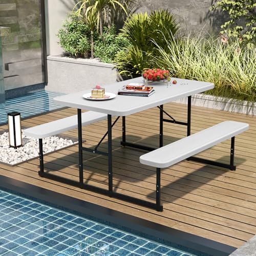 Giantex Picnic Table Bench Set for 4 People, 4.5FT Outdoor Rectangular Dining Table & 2 Benches w/Umbrella Hole, HDPE Tabletop, Metal Frame, Patio Garden Backyard Poolside (4.5FT,Non-Foldable,White) - color: White, size: Rectangle-54"x28"x30"