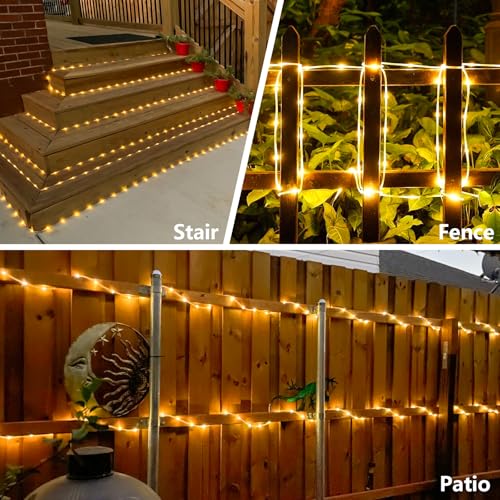 YEGUO Solar Rope Lights Outdoor Waterproof, 66ft 200 LED Warm White String Lights, 8 Modes Fairy Lights in Clear Thin Tube - color: Warm White