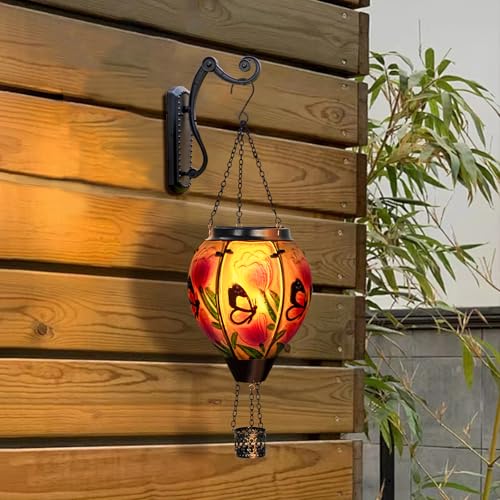 Butterfly Flower Solar Hot Air Balloon Lantern with Flame, Glass Balloon Lantern Outdoor Waterproof Lights, Hanging Solar Lights for Outside Garden Patio Porch Tree Yard Gift for Mom - color: Yellow Butterfly