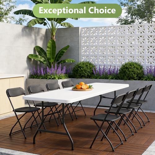 8ft Folding Table, Heavy Duty Plastic Card Table with Foldable Steel Legs, Metal Frame Support up to 800 lb, Portable for Indoor, Outdoor, Picnic, Camping, Dining, Party, White - color: White, size: 8FT