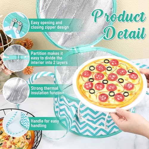 Pickmesh Round Pie Carrier 12 x 7 Inch Insulated Casserole Carriers with Lid and Detachable Handle for Hot or Cold Food Cake Transport Thanksgiving Christmas Gift(Cyan White Zigzag) - color: Cyan White Zigzag