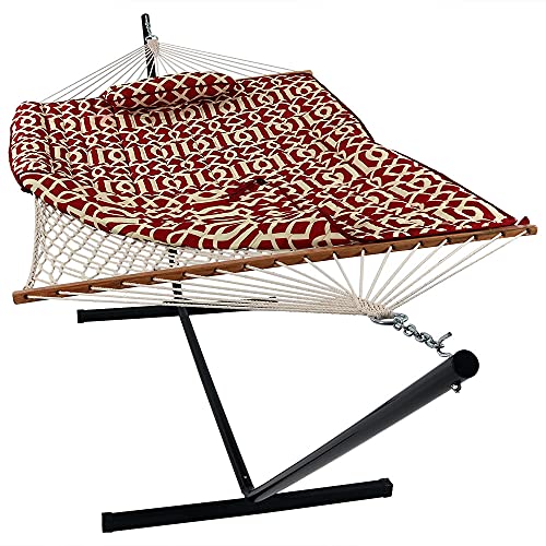 Sunnydaze Rope Hammock with Stand for Outside - Heavy Duty Freestanding Portable Outdoor Hammock Set with Quilted Pad, Pillow, and 12-Foot Steel Frame - 275 lb Capacity - Royal Red - color: Royal Red