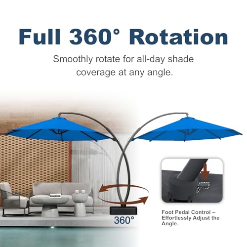12FT Cantilever Umbrella with Base Large Curvy Outdoor Aluminum Offset Umbrella w/ 360° Rotation, UV Resistant Canopy for Patio, Garden, Backyard, Royal Blue - color: Royal Blue, size: 12FT