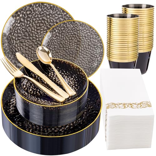 DaYammi 175PCS Clear Black and Gold Plastic Dinnerware Set for Party, Hammered Disposable Plates for Party, Include: 25 Dinner Plates, 25 Dessert Plates, 75 Gold Silverware 25 Napkins 25 Cups - color: Clear Black, size: 175 Pcs