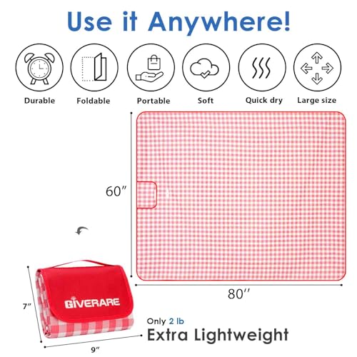 GIVERARE Picnic Beach Blanket Extra Large, XL Sandproof Waterproof Outdoor Camping Blankets 80x60in, Sand Free Oversized Mat, Quick Drying Portable Mats for Travel, Hiking, Music Festival, Lawn-Red - color: Red
