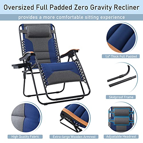 PHI VILLA XXL Oversized Padded Zero Gravity Chair Set of 2, Foldable Patio Recliner, 30" Wide Seat Anti Gravity Lounger with Armrest and Cup Holder, Support 400 LBS (Thumb Blue) - color: Blue, style: 2 Pcs
