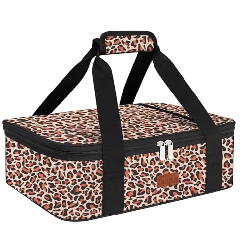 Insulated Casserole Carrier Bag, Expandable Thermal Food Carrier Insulated Travel Carry Bag for Hot or Cold Food for Picnic Cookouts Potluck Parties Fits 9" x 13" Baking Dish (Leopard) - color: Leopard, size: 16x11.4x4.7inch