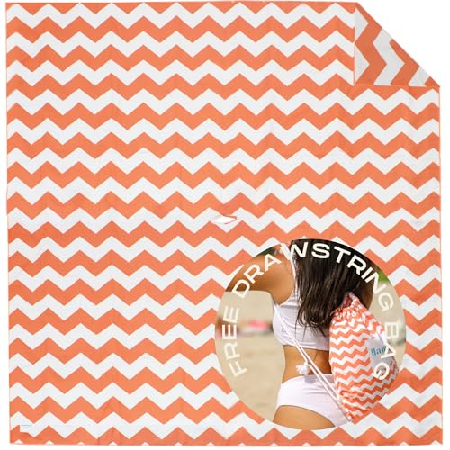 Plush Microfiber Beach Blanket, Extra Large Beach Mat for 3-6 Persons, Sandproof, Windproof | Hole for Umbrella, Corner Sand Pockets to Fight Wind (Bag for Blanket Included) - color: Peach & Chevron, size: X-Large
