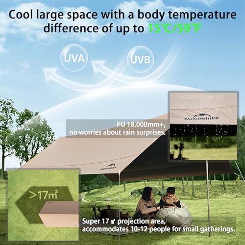 Naturehike PU18000MM+ Heavy Duty Waterproof Camping Tent Tarp with Poles, 12x16ft 6-12 Person Large Camping Awning, Anti-UV UPF2000+ Camping Sun Shelter Canopy for Travel, Beach, Car Camp - size: Large