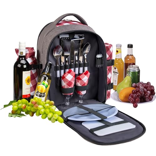 apollo walker Picnic Backpack Bag with Cooler Compartment, Detachable Bottle/Wine Holder, Fleece Blanket, Plates and Cutlery Set (2 Person, Gray) - color: Gray, size: 2 Person