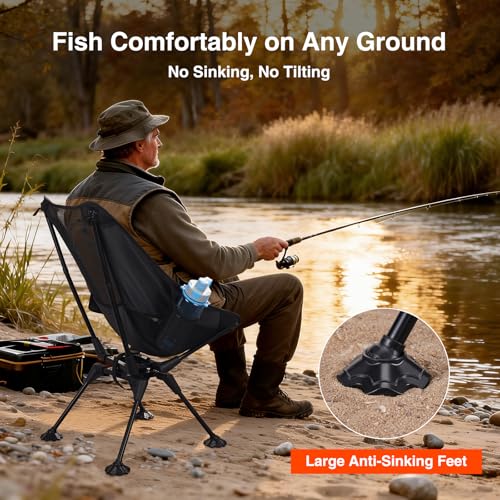 Trakiom 360° Swivel Folding Camping Chairs, Compact and Portable Chair for Outdoor Camp, Foldable Chairs with Anti-Sinking Large Feet for Travel, Beach, Picnic, Sports, Fishing Support 300 LBS(Black)