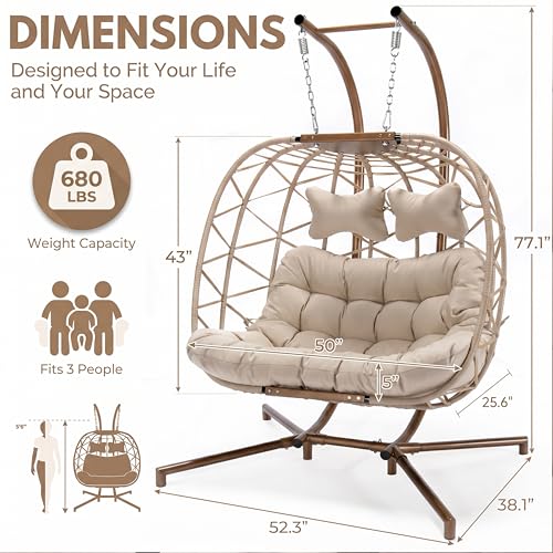 BLUEXYARD Outdoor Double Egg Swing Chair with Cover and Stand, 2 Person Sturdy Hanging Wicker Hammock Chair, Comfy Patio Loveseat with Cushion for Porch Balcony Bedroom Backyard, Beige - color: Beige/Beige, size: 2 Seats with Cover