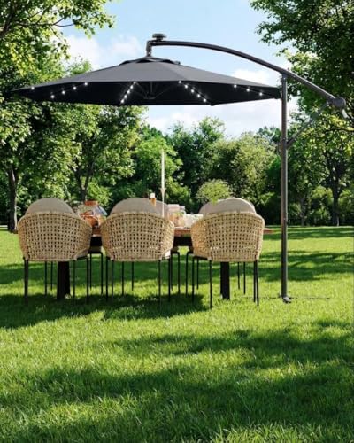 Jojoka 10FT Cantilever Patio Umbrella with Solar LED Lights - Offset Outdoor Umbrella - Easy Lift & Tilt - UV Protection - Fade Resistant - Ideal for Deck, Pool, Garden - color: Grey