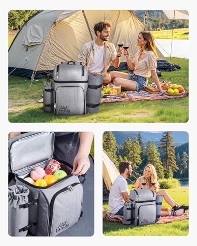 VEVOR Picnic Backpack, Beach Picnic Backpack Bag for 4 Person with Insulated Cooler Compartment, Detachable Bottle/Wine Holder, Lightweight Blanket, Plates and Cutlery Set for Hiking & Camping, Grey - size: double layer for 4 & gray