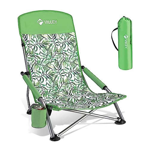 VILLEY Low Beach Chair, High Back Folding Beach Chair for Adults, Lightweight and Portable for Outdoor, Beach, Camping, Lawn, Music Festival, with Cup Holder and Carry Bag-Green Tropical Leaves - color: Green Tropical Leaves