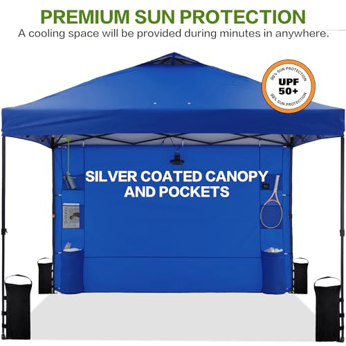 Tunbne 10'x10' Pop Up Canopy Tent with 1 Sidewall and 6 Pockets, One Push Setup, Instant Shade Tent with Vented Roof for Beach Patio Outdoor, Case, 8 Stakes, 4 Ropes, 4 Sandbags (Royal Navy, 10x10) - color: Royal Navy, size: 10x10