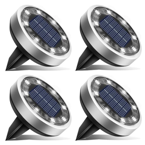 btfarm 4 Pack Solar Lights Outdoor, 8 LED Solar Ground Lights IP65 Waterproof Flat Solar Disc Light, Pathway Lights for Garden Lawn Patio Yard Path Landscape, Cool White - color: Cool White, size: 4 Pack