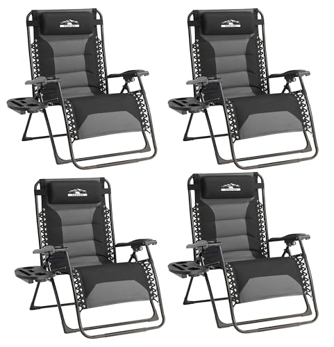 Zero Gravity Lounge Chairs - Set of 4 Oversized Reclining Patio Chairs with Adjustable Pillow & Cup Holder (500lbs Capacity, Black/Gray) - color: Black & Gray, size: X-Large/4 PCS