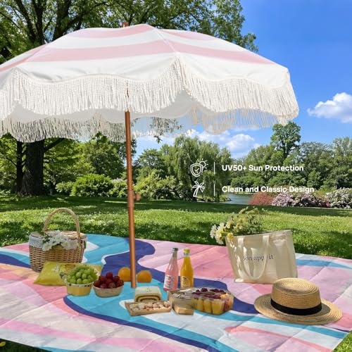 AMMSUN Boho Fringe Umbrella with Outdoor Blanket, 6.5ft UPF50+ Picnic Umbrella with Tassels with Steel Pole & Push Button Tilt, Pink Stripes - color: Pink Stripes with Blanket