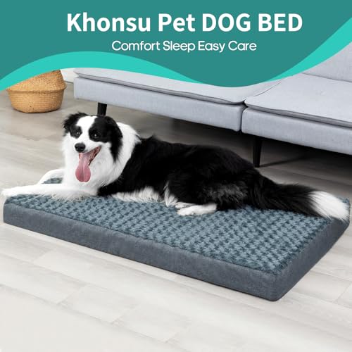 KHONSU PET Dog Bed Mat Plush 3.5in Orthopedic Pad for Large Dogs up to 90 lbs Waterproof Removable Cover Machine Washable for Extra Large Dogs - color: Gray-Blue, size: XL