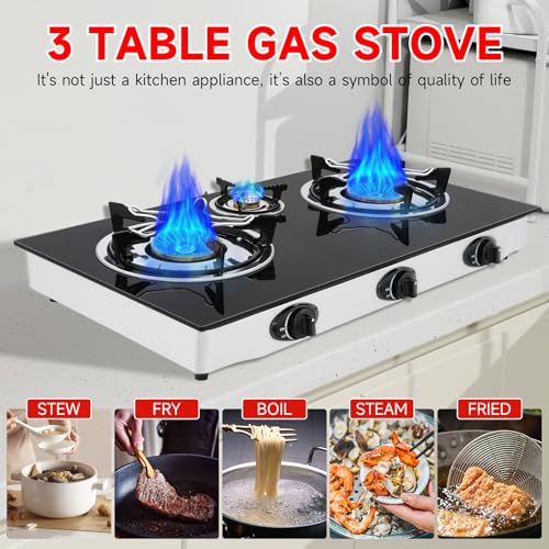 Propane Gas Cooktop,3 Burners Gas Stove portable, 0.28"Tempered Glass, Auto Ignition Camping 3 Burner LPG for RV,Apartments,Outdoor