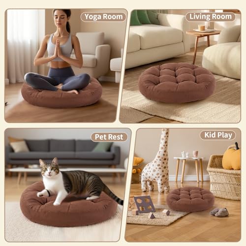 Meditation Floor Pillow, Round Floor Cushions for Adults, Button Tufted Seat Cushions for Yoga Tatami Living Room, Brown, 22 x 22 x 4 in