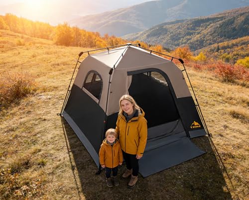3/4 Person Camping Tent with 1 Door, 4 Windows, and Upgraded Ventilation– Instant Setup, Waterproof, 8'x 8'x 67''Oxford Fabric Floor Pop Up in 60 Seconds Includes Rainfly and Backpack - color: 4 Person Black/2-Layer