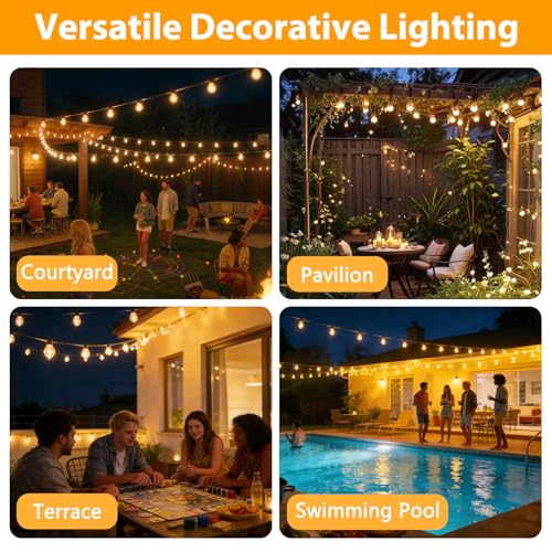 LumBelle Smart Outdoor String Lights, 100FT ST38 LED Patio Lights with Timer Remote APP Control, 42 Shatterproof LED Bulbs (2 Spare), Dimmable Waterproof Hanging Light for Backyard Porch Party Decor - size: 100FT