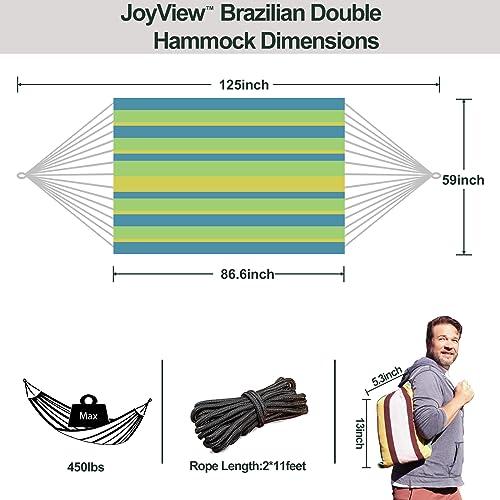 JoyView Brazilian Double Hammock with Hanging Ropes Extra Large 86.6x59” Portable Cotton Hammock for Patio Backyard Porch 450LBS Weight Capacity Perfect for Outdoor/Indoor - Light Green/Yellow Stripe - color: Light Green/Yellow Stripe